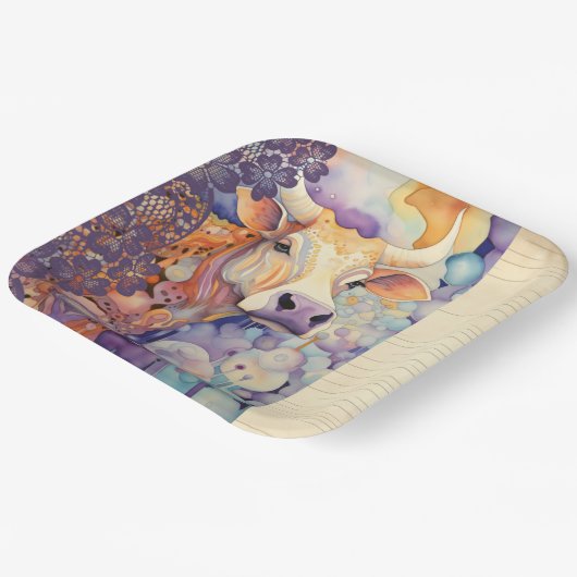 Koe Boerderij Paarse Papieren Bordje (Gebogen)