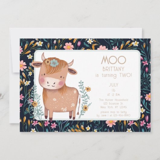 Koe Boho Floral Tweede Verjaardag Kaart (Voorkant)