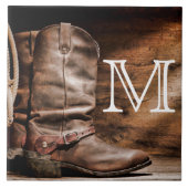 Koe Boy Boots Spur Country Monogram Display Tile Tegeltje (Voorkant)