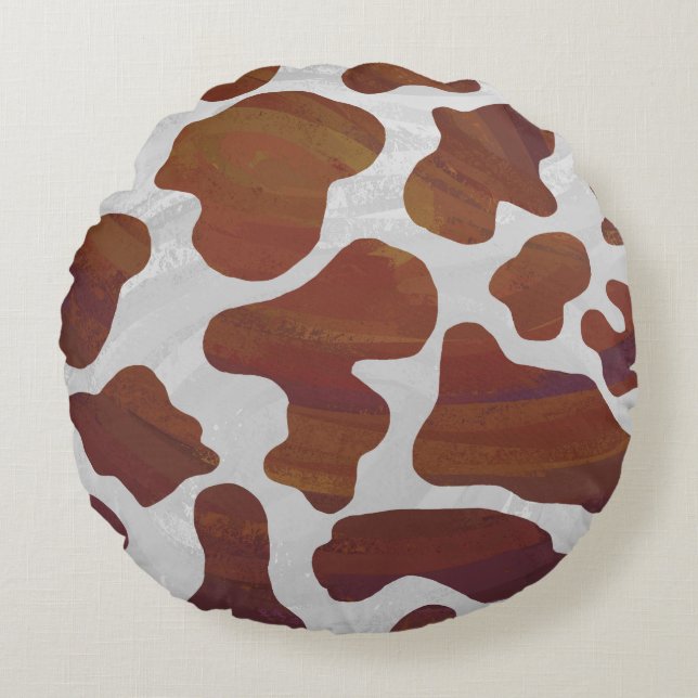 Koe Brown and White Print Rond Kussen (Voorkant)