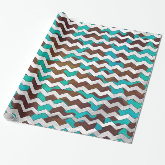 Koe Brown en Blauwgroen Chevron Cadeaupapier (Uitgerold)