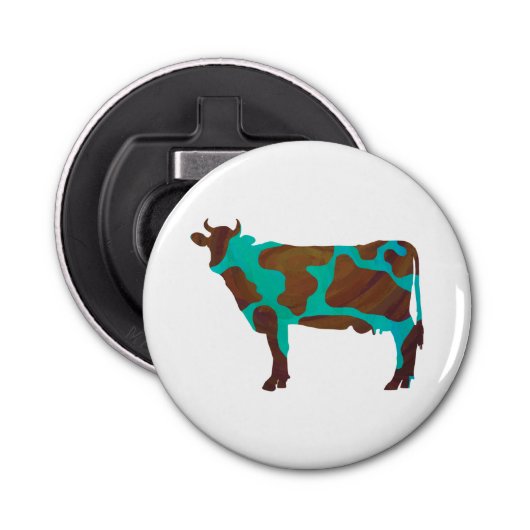 Koe Brown en Blauwgroen Silhouette Button Flesopener (Voorkant)