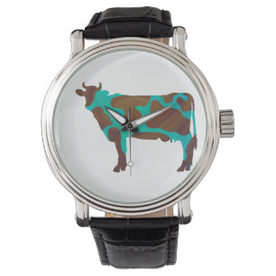 Koe Brown en Blauwgroen Silhouette Horloge