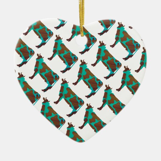 Koe Brown en Blauwgroen Silhouette Keramisch Ornament (Voorkant)