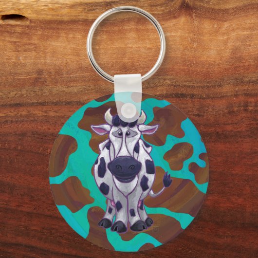 Koe bruin en Blauwgroen afdrukken Sleutelhanger (Voorkant)