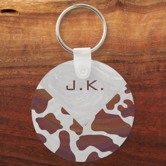 Koe bruin en wit monogram sleutelhanger (Voorkant)