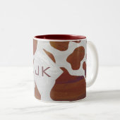 Koe bruin en wit monogram tweekleurige koffiemok (Voorkant rechts)