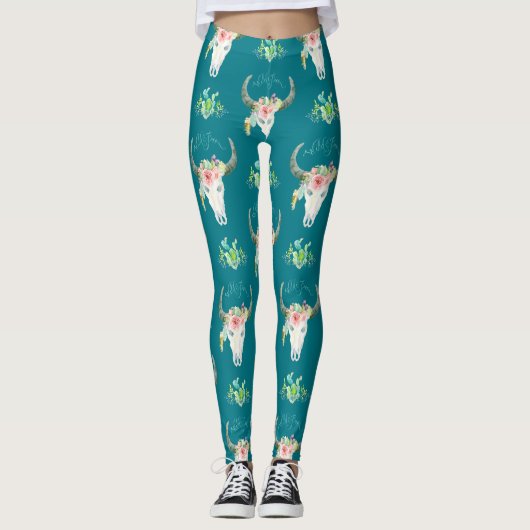 Koe Buffalo Skull Boho Bohemian Cactus Desert Art Leggings (Voorkant)