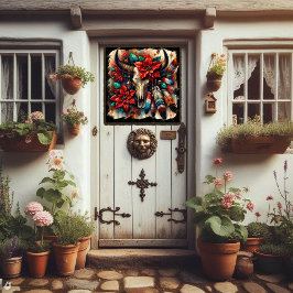 Koe Bull Skull Feathers Poinsettias Zuidwest Raamsticker