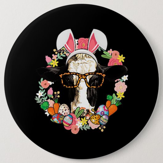 Koe Bunny Ears Happy Easter Farmer Ronde Button 6,0 Cm (Voorkant)