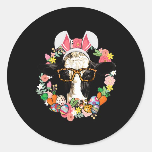 Koe Bunny Ears Happy Easter Farmer Ronde Sticker (Voorkant)