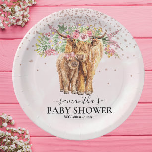 Koe Calf Baby shower voor roze meiden Floral hoogl Papieren Bordje