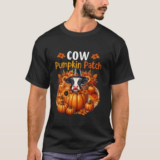 Koe Cute Patch Thanksgiving Pompoenen Herfstblader T-shirt (Voorkant)