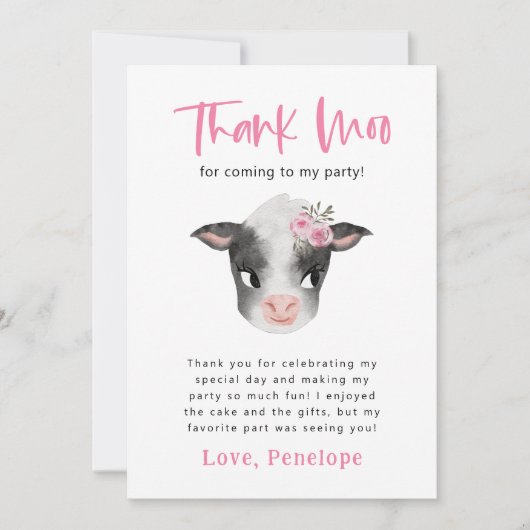 Koe dank moo meisje verjaardagsfeestje bedankkaart (Voorkant)