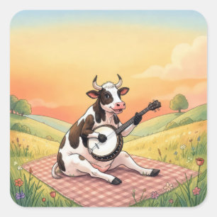 Koe die een banjo speelt op een deken vierkante sticker