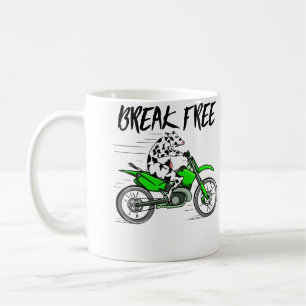 Koe die op een motor rijdt, breekt los koffiemok