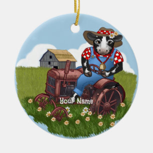 Koe die Tractor Bestuurt Keramisch Ornament