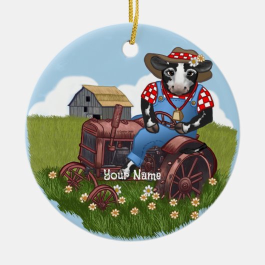 Koe die Tractor Bestuurt Keramisch Ornament (Voorkant)