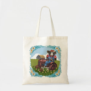 Koe die tractor bestuurt tote bag