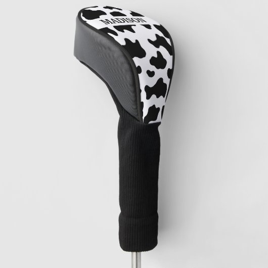 Koe Dierenprint Gevlekt Zwart & Wit Naam Golfheadcover (Schuin)