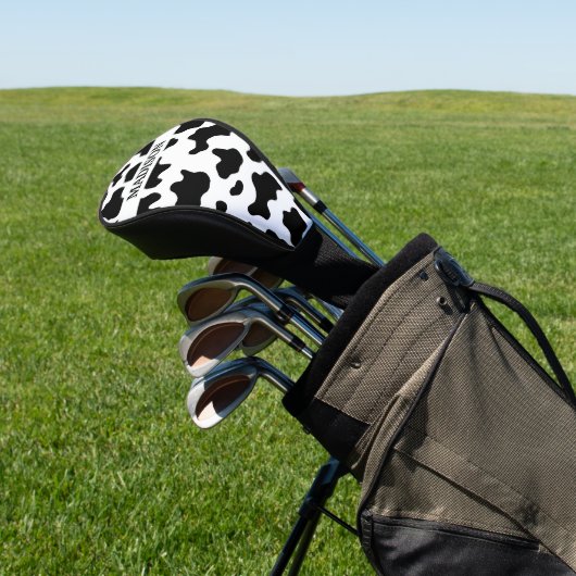 Koe Dierenprint Gevlekt Zwart & Wit Naam Golfheadcover (Insitu)