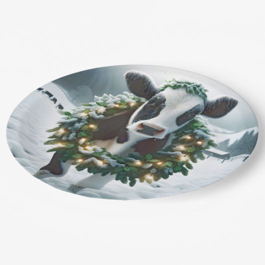 Koe draagt een kerstkrans papieren bordje (Gekanteld)