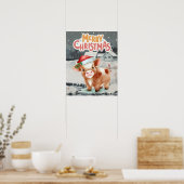 Koe draagt kerstmuts op winternacht uitzicht poster (Keuken)
