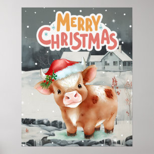 Koe draagt kerstmuts op winternacht uitzicht poster
