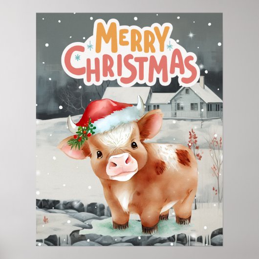 Koe draagt kerstmuts op winternacht uitzicht poster (Voorkant)