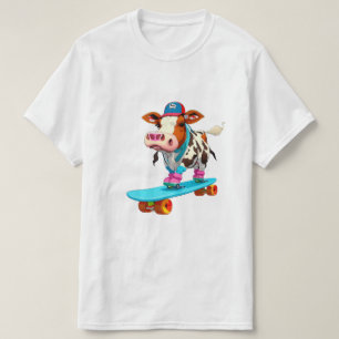 Koe dragen roller schaatsen op skateboard t-shirt