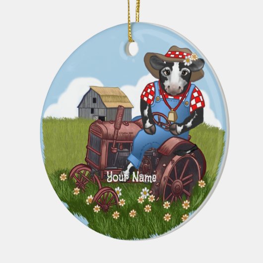 Koe drijvende trekker keramisch ornament (Links)