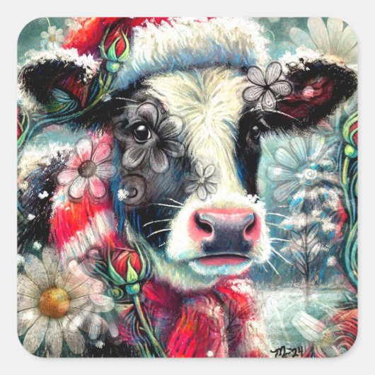 Koe Dromen Van Warmer Times Blauwgroen Rode Bloeme Vierkante Sticker (Voorkant)