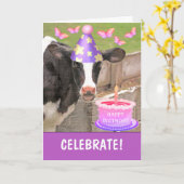 Koe en een gelukkige verjaardag kaart (Gele Bloem)