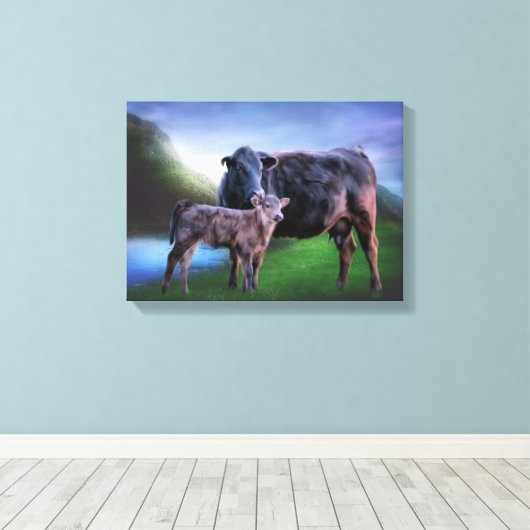 Koe en kalf bij een rustig meer in Rolling Hills Canvas Afdruk (Insitu (Houten vloer))