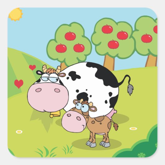 Koe en kalf vierkante sticker (Voorkant)