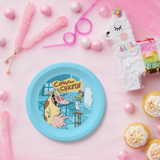 Koe en kip glimlachend grafisch papieren bordje (Feest)