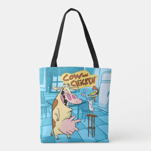 Koe en kip glimlachend grafisch tote bag (Achterkant)