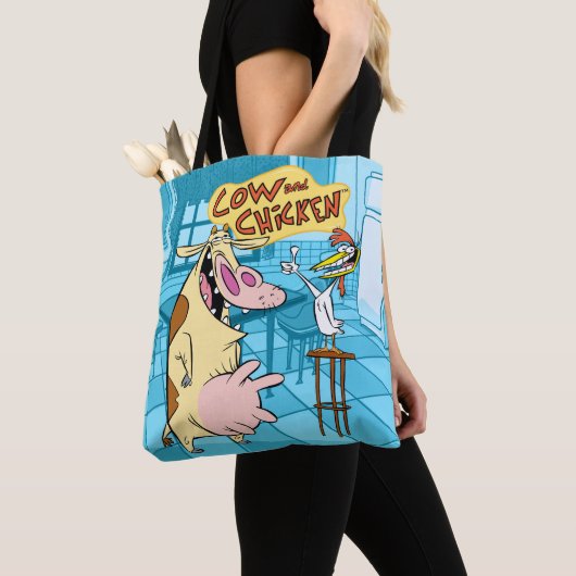 Koe en kip glimlachend grafisch tote bag (Dichtbij)