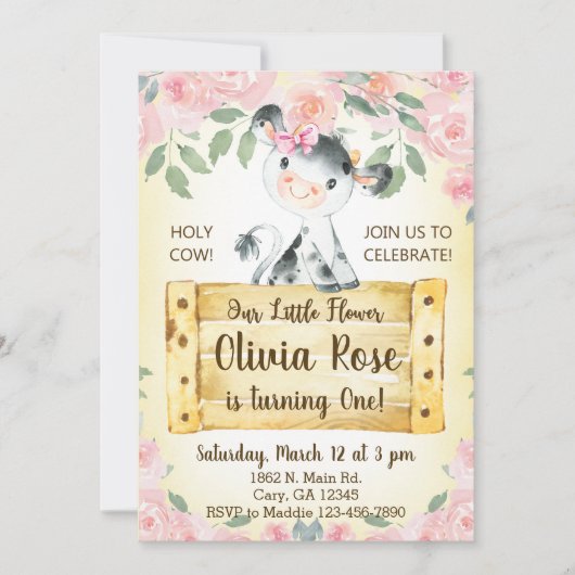 Koe en rozen meisje 1 eerste verjaardag Uitnodigin Kaart (Voorkant)