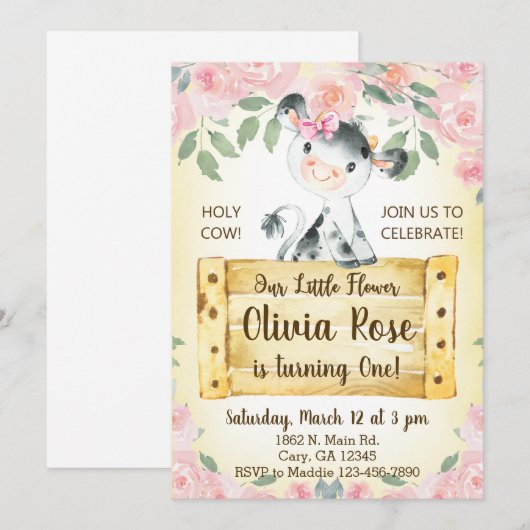 Koe en rozen meisje 1 eerste verjaardag Uitnodigin Kaart (Voorkant / Achterkant)