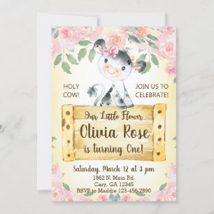 Koe en rozen meisje 1 eerste verjaardag Uitnodigin Kaart