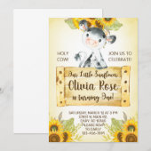 Koe en zonnebloemen meisje 1 verjaardag uitnodigin kaart (Voorkant / Achterkant)