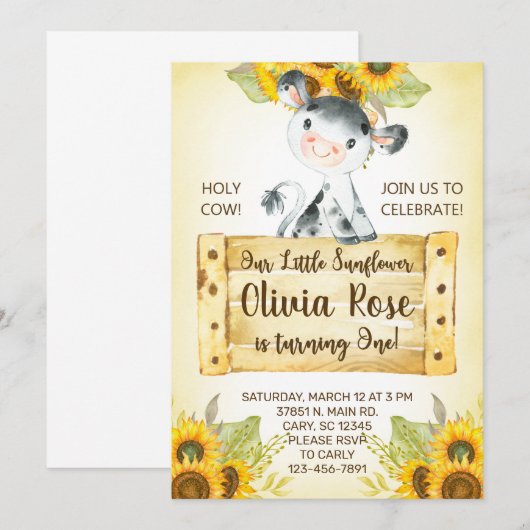 Koe en zonnebloemen meisje 1 verjaardag uitnodigin kaart (Voorkant / Achterkant)