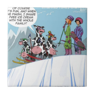 Koe Familie Sneeuw Skien Grappig Tegeltje