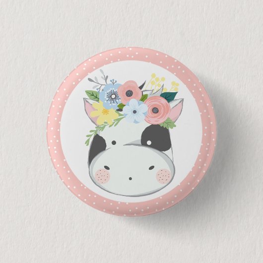 Koe Floral Crown Pastel Pink Boerderij Barn Party Ronde Button 3,2 Cm (Voorkant)