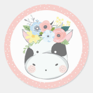 Koe Floral Crown Pastel Pink Boerderij Barn Party Ronde Sticker