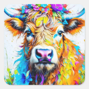 Koe Floral Highland Vierkante Sticker