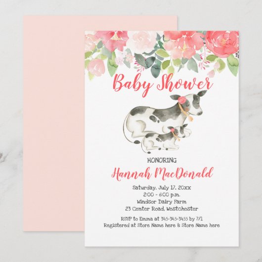 Koe Floral Pink Coral Baby shower Kaart (Voorkant / Achterkant)