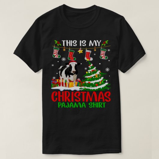 Koe Funny Cattle met kerstlampjes Kute Xmas T-shirt (Design voorkant)
