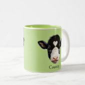 Koe Gezicht op Lime Green Tweekleurige Koffiemok (Voorkant rechts)